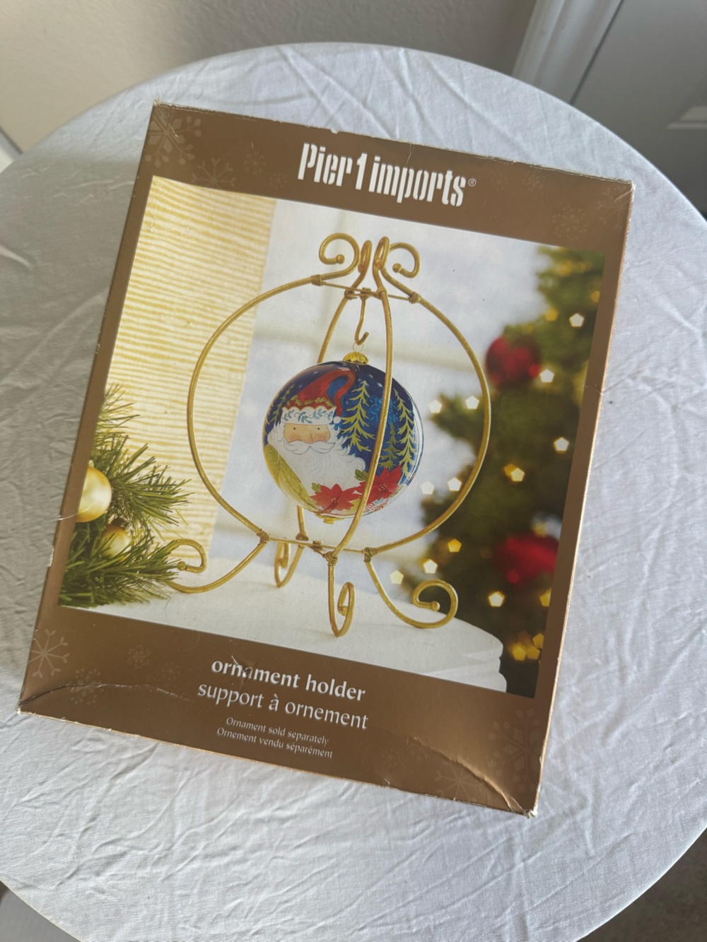 Pier 1- Gold Ornament Holder Stand with Santa Ball - Home Holiday